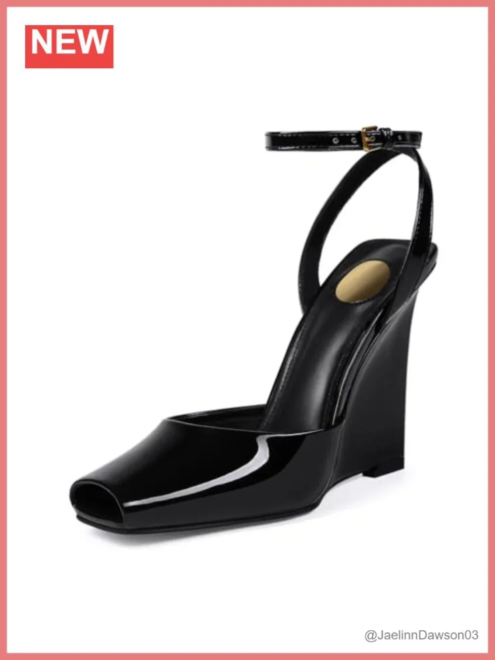 Patent Leather Square Open Toe Wedge Sandals Women Buckle Ankle Strap Slingback